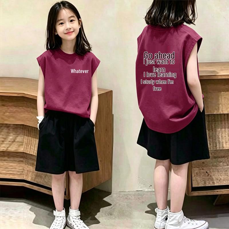 2026 Summer Girls' Cotton Vest & T-Shirt Set - Sleeveless Top & Shorts for Medium/Large Kids