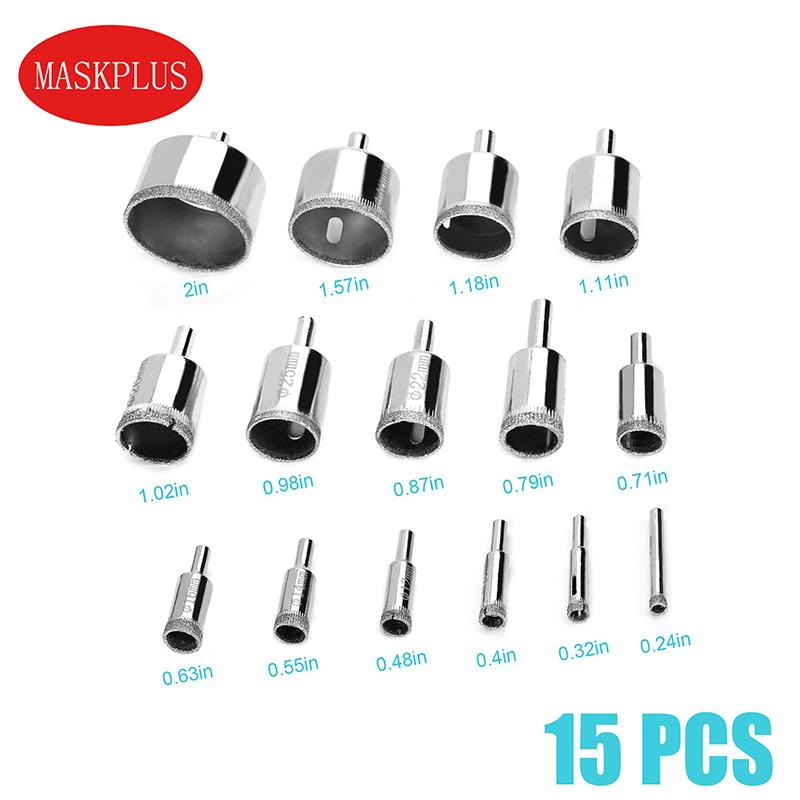 

Diamond Drill bits, 15 PCS Diamond Hole Saw Drill Bit Set for Tile Pot, Glass Drill bits for Ceramic Bottles Porcelain Marble Granite Stone 0.23 Inch - 2 Inch（6 mm - 50 mm）