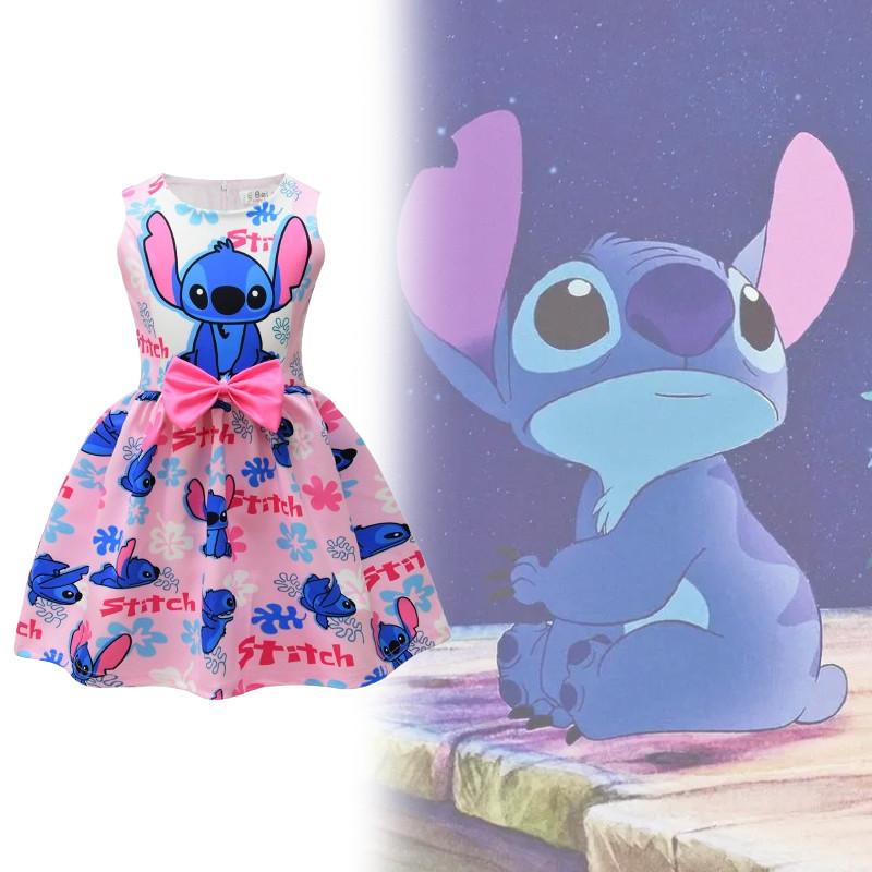 Lilo Stitch Girl Dress With Cotton Blend Fabric And Cartoon Pattern For Kids Ages 3 To 8