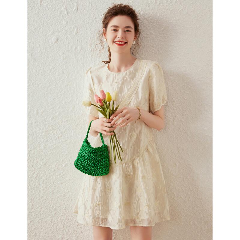 Bailuyu Elegant Jacquard Puff Sleeve Midi Dress