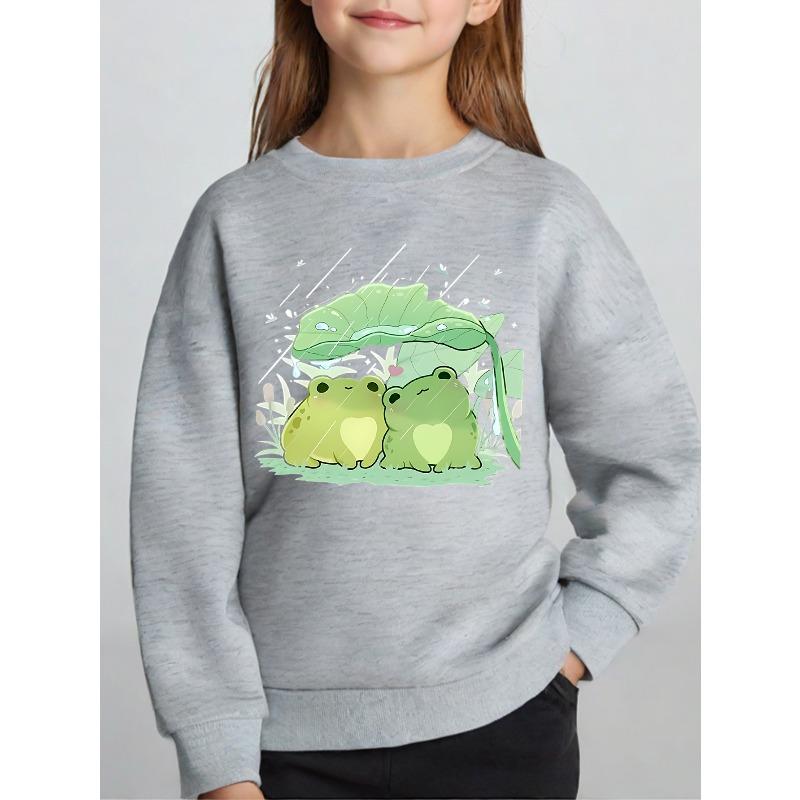 Kids Unisex Crewneck Sweatshirt, Cute Two Heart Belly Frogs Under Lotus Leaf In Rain Cartoon Print, Soft Sweatshirt for Boys Girls Over 4 Years Old