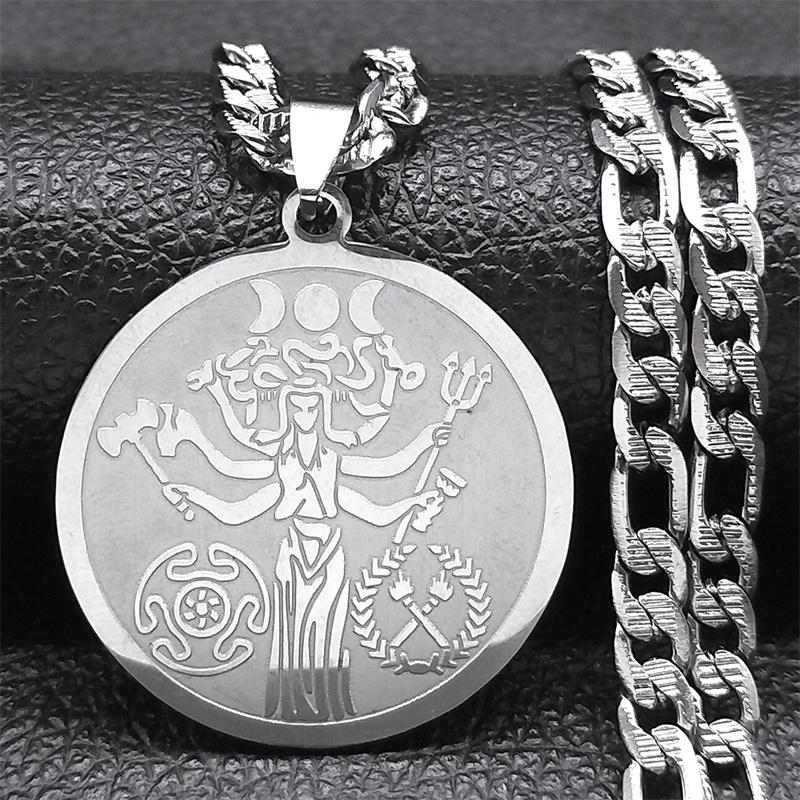 Hecate Triple Moon Goddess Pendant Necklace for Men Stainless Steel Silver Color Greek Mythology Chain Necklace Jewelry N3005S05