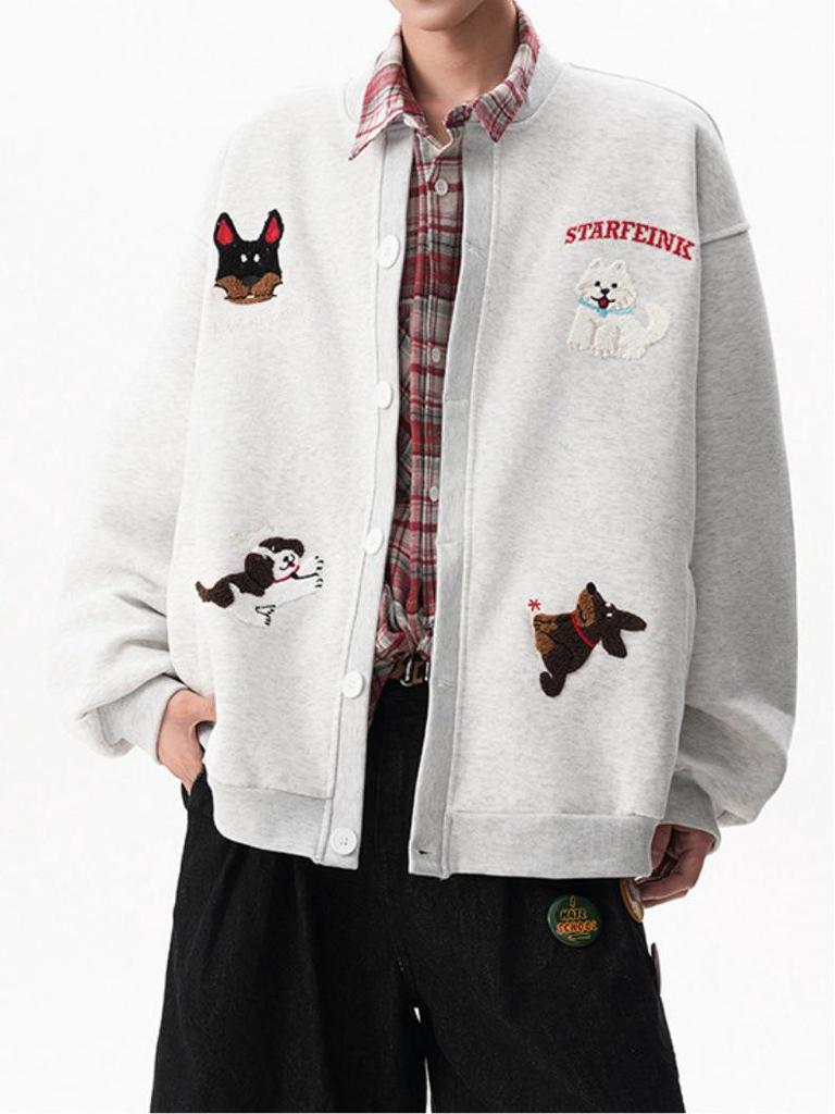 Men's Winter Velvet-Lined Terry Embroidered Hoodie Cardigan - Trendy Loose-Fit Baseball Jacket for Couples