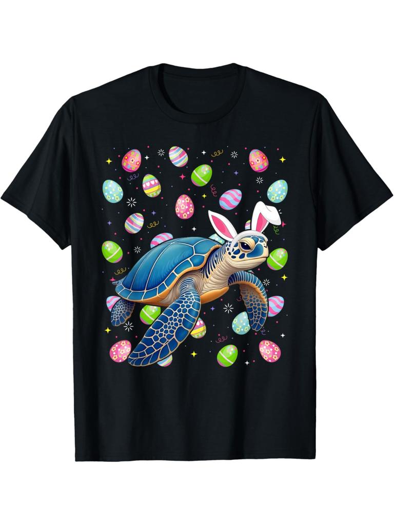 Sea Turtle Bunny Ears Easter Eggs Graphic Tee Men Casual Breathable Trip T-Shirt