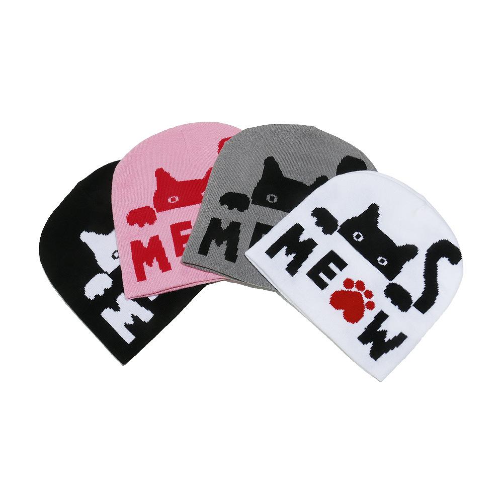 Autumn and winter pullover hat letter cat jacquard knitted hat student cute cold hat winter hat woman