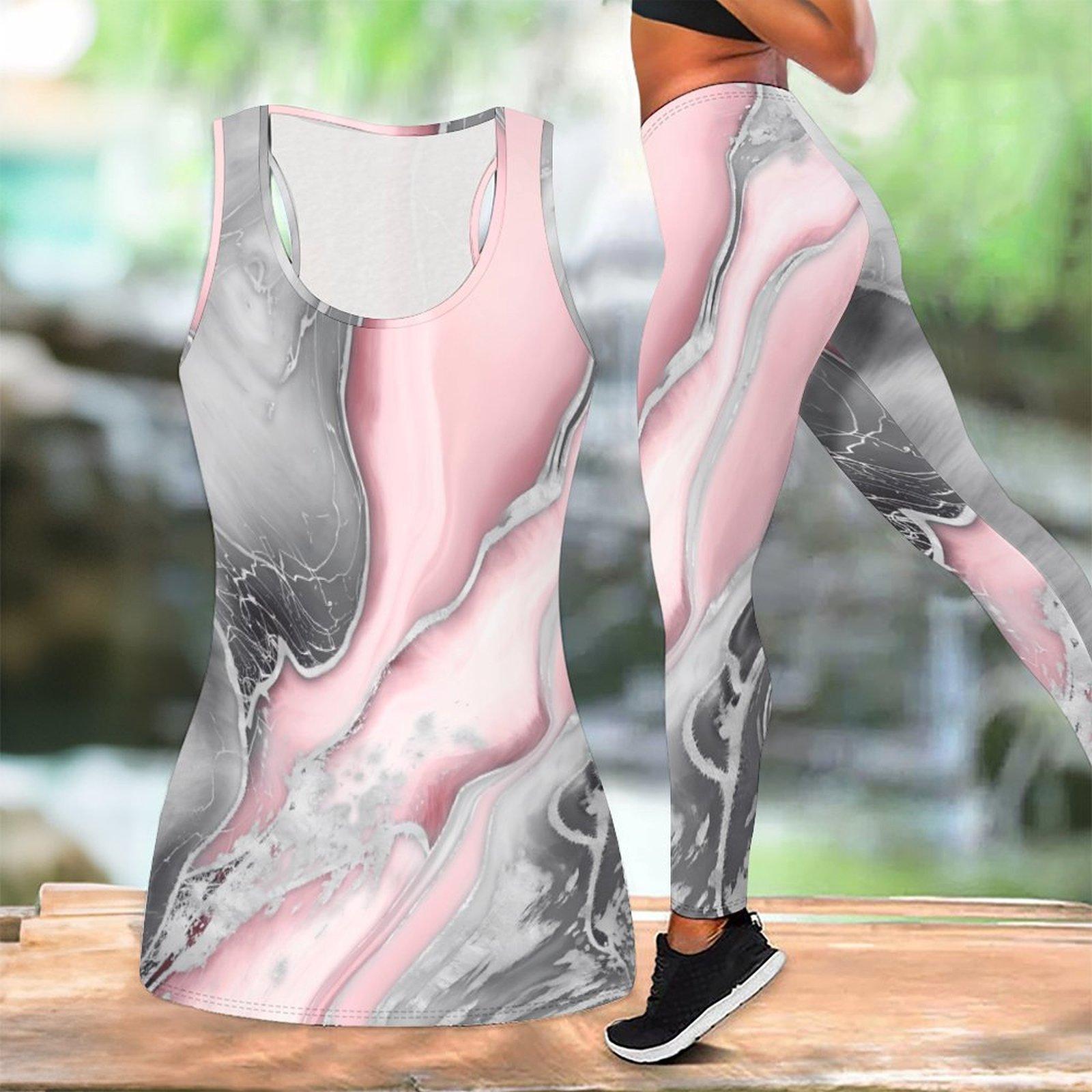 

Спортивний костюм для йоги з принтом під мармур для жінок Модні легінси для тренувань Фітнес Спортивний Повсякденний Набір для йоги Спортивний костюм XXL рожевий