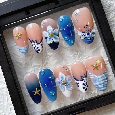 10pcs Acrylic Carved Flower French Press On Nails Gradient Blue Summer Ocean Star False Nails Glossy Reusable False Nails Tips #