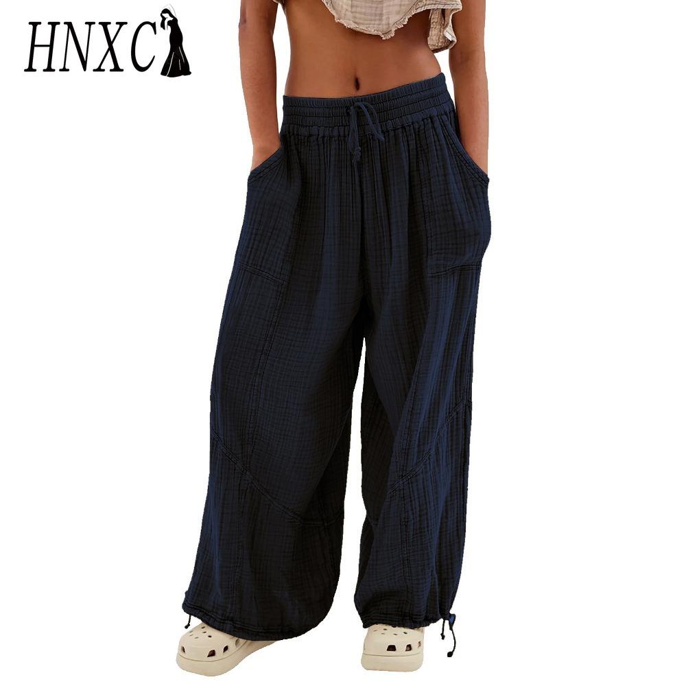 

HNXC 8 Кольорові Жіночі Штани з Високою Еластичною Талією, Широкі Штанини, Вільні Штани, Глибокий Жилет, Плісе, Кишені на Щиколотках, Однотонні, М які Жіночі Повсякденні Штани XXXL темно-синього кольору