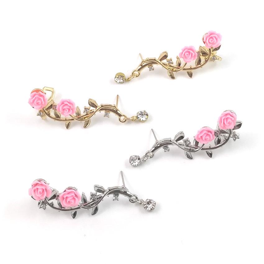 European-American Floral Rose Branch Women's Long Alloy Stud Earrings