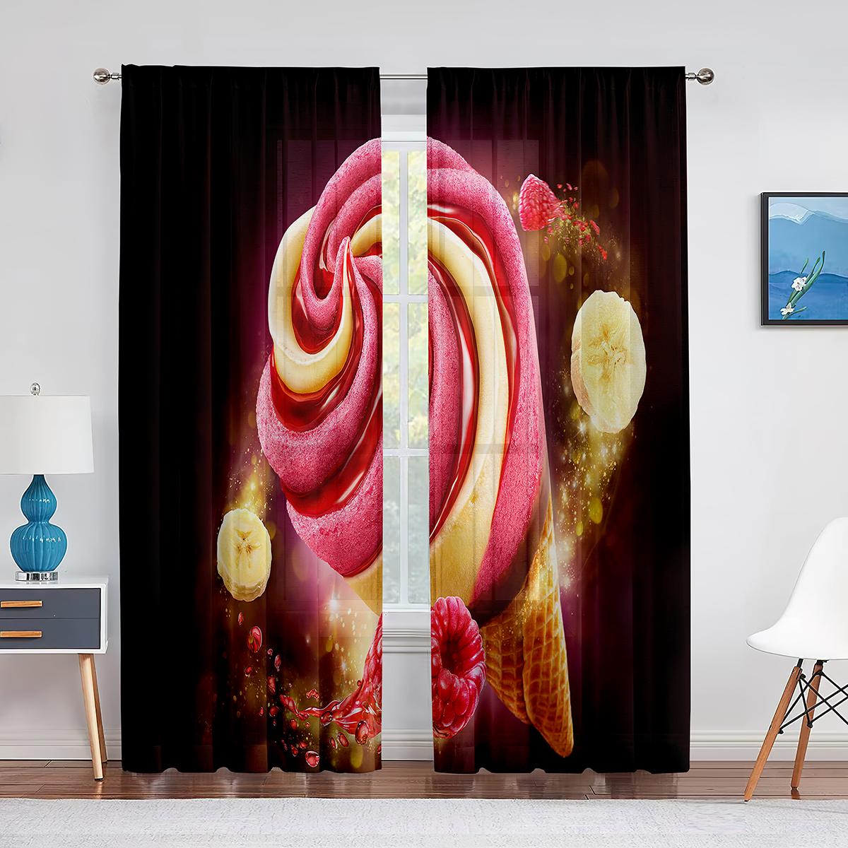 

Мороженое, летняя тема, шоколадный и фруктовый вкус, тюлевые оконные шторы для гостиной, спальни, декоративная прозрачная занавеска из вуали 1 PCS W100XH250cm&Grommet Top