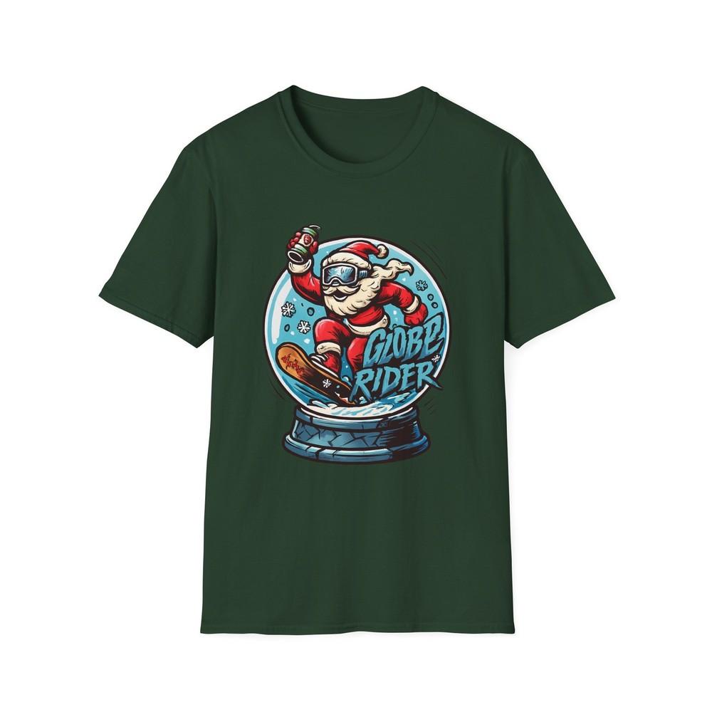Unisex Softstyle T-Shirt Christmas Snowglobe Santa Snowboarding Holiday Graphic