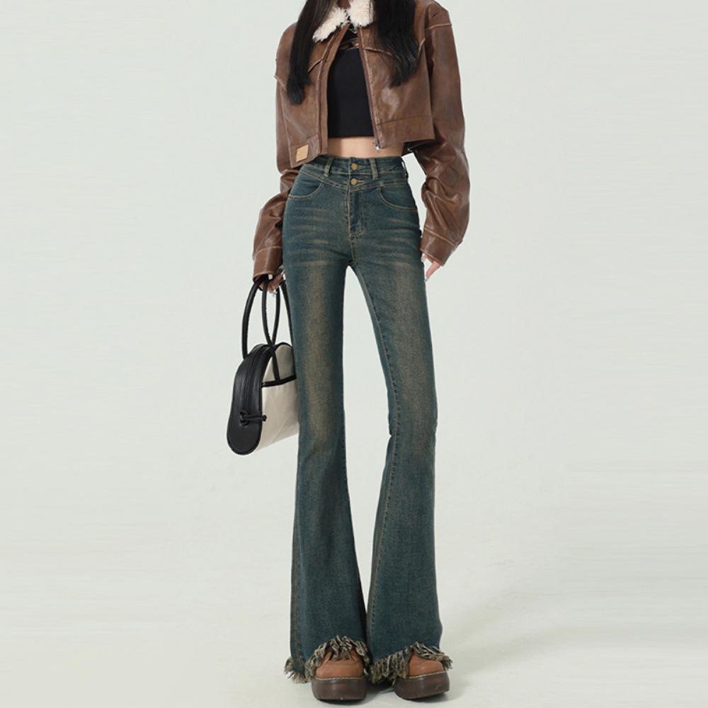 

High Street Street Rough Edge Slightly Pulled Jeans Women s Skinny American High Waist Spring and Autumn New Flared Jeans XL