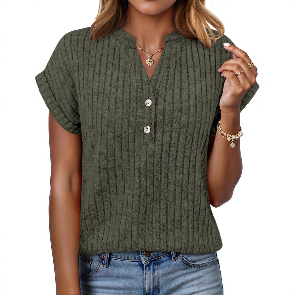 2026 Spring/Summer Casual Brushed Ribbed V-Neck Batwing Short-Sleeved Women's Top