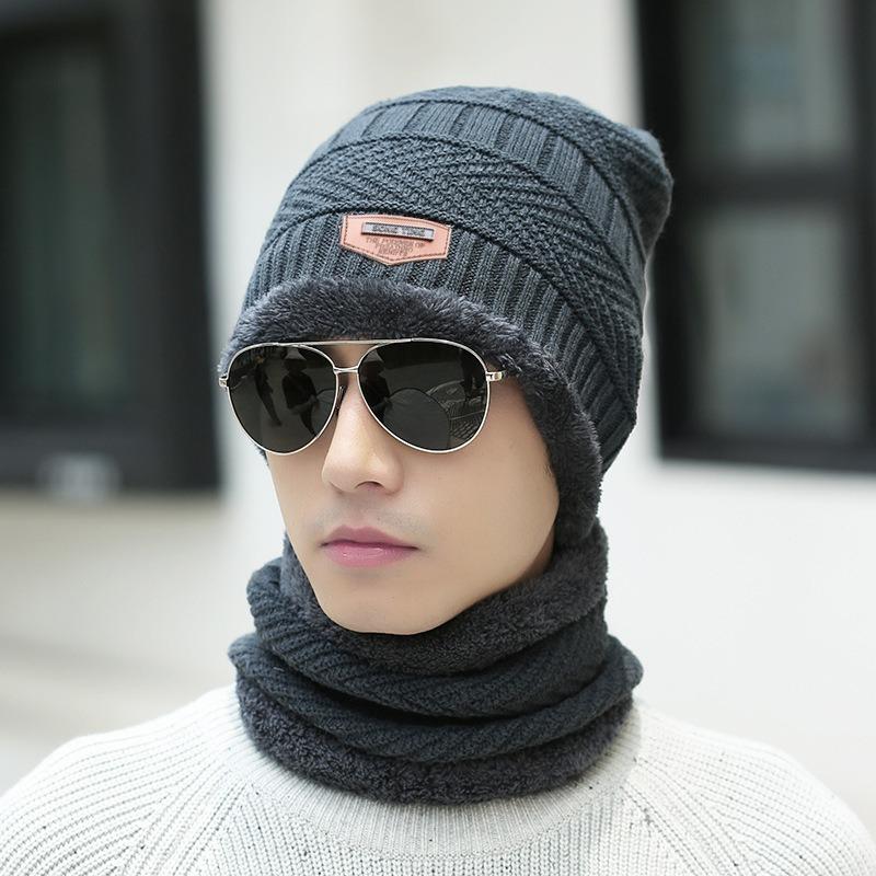 Suit Hat Men's Winter Scarf Gloves Three-piece Scarf Integrated Fleece Warm Winter Knitted Hat