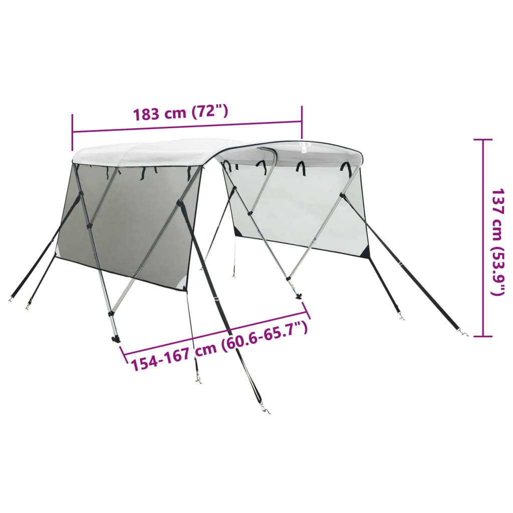 3 Bow Bimini Top with Mesh Side Panels 183 x (154 167) x 137 cm