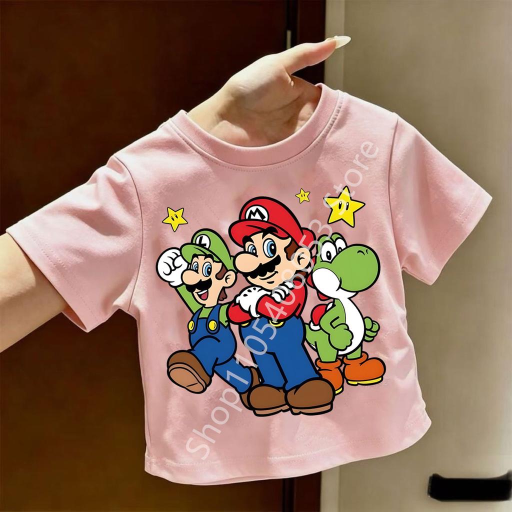 Super Marios Tshirt for Children Cartoon Anime Clothes Round Collar Clothing Short Sleeve Kid Summer Tee Top