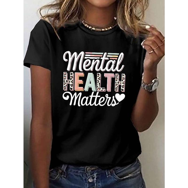 [Mental Health Matters T-Shirt] Leopard Mental Health Matters Print T-Shirt | Short Sleeve Crew Neck Casual Top for Summer & Spring, Women s Clothing S