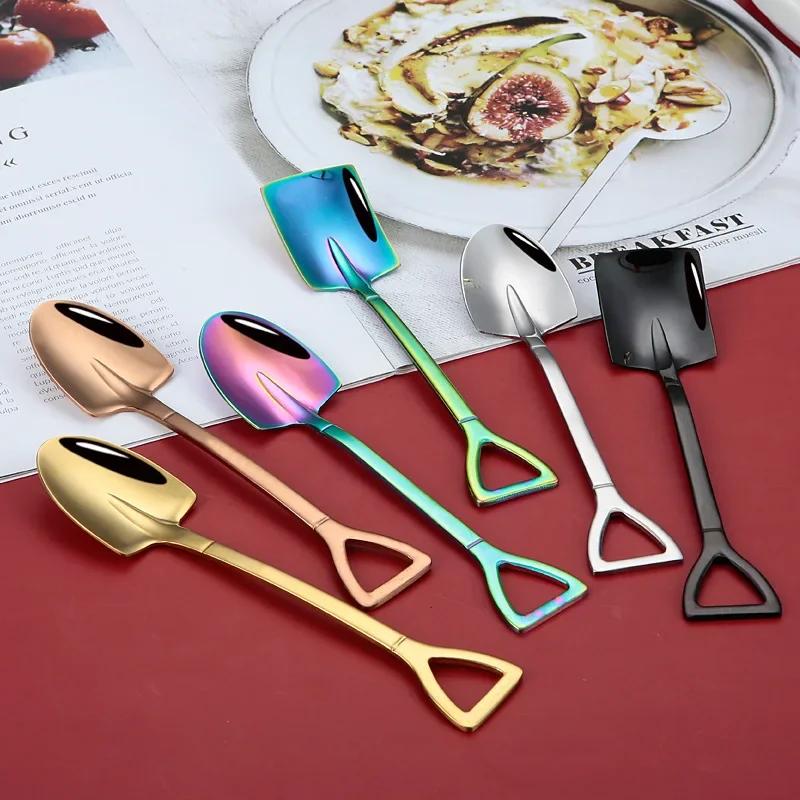 Vintage Shovel Design Stainless Steel Coffee Spoon Creative Ice Cream Cake Watermelon Dessert Multipurpose Kitchen Tool Unique