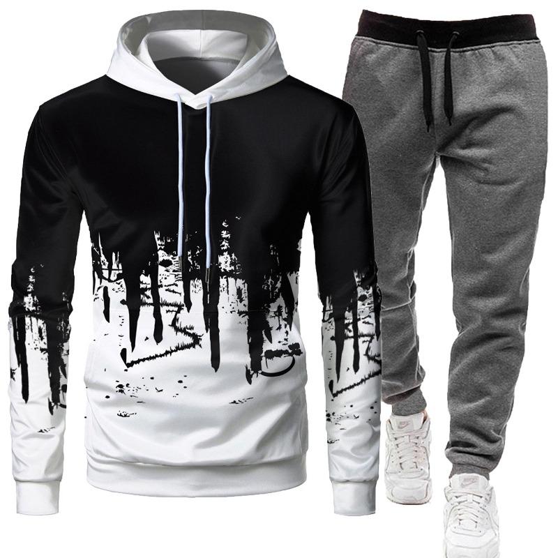 2026 Men's Sporty Slim Fit Graffiti Print Hooded Set