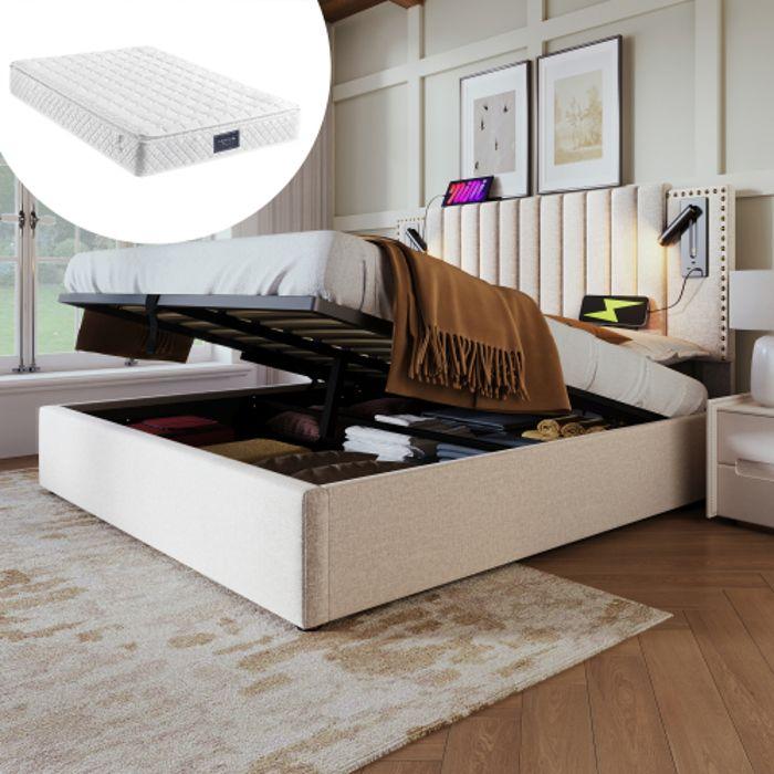 Lit Rembourré 140x200 Avec Fonction De Recharge USB,avec Design Riveté,dossier Avec Sommier À Lattes, Coton,beige (avec Matelas)