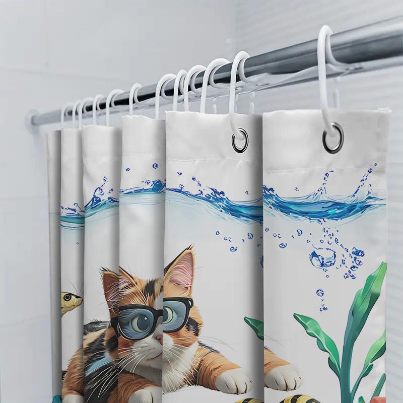 Cute Cat Shower Curtain For Bathroom Decor - Funny Animal Design Waterproof For Home Use Easy To Clean And Maintain Easy-Clean