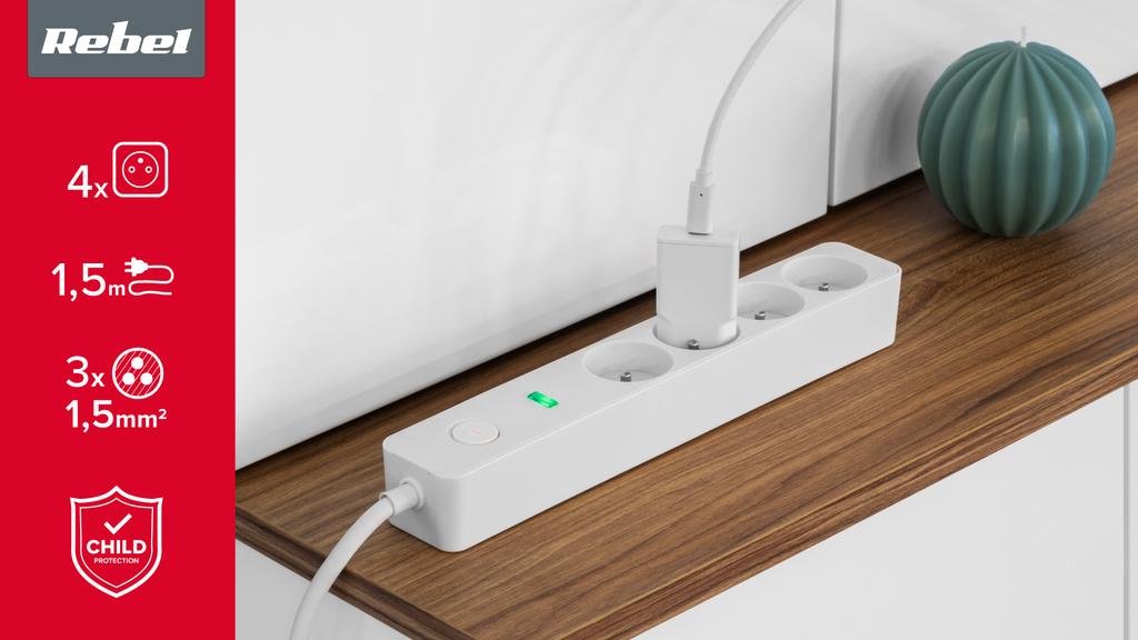 Rebel Extension Cord, 4-socket Power Strip, 1.5m Switch