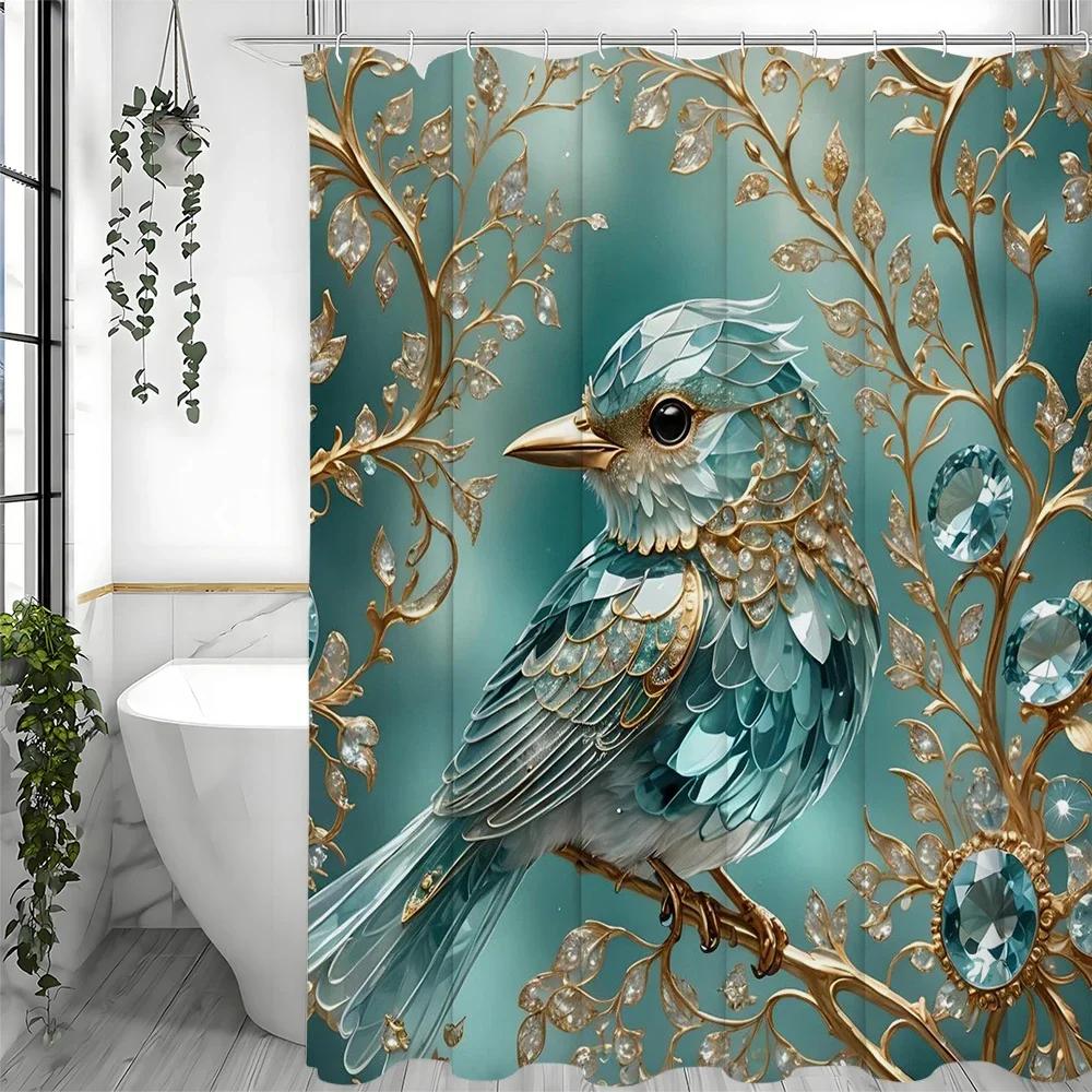 ~O~Blue Bird Tree Creative Jewel Shower Curtain, Bathroom Decorative Shower Curtain, Waterproof Shower Curtain with Hooks