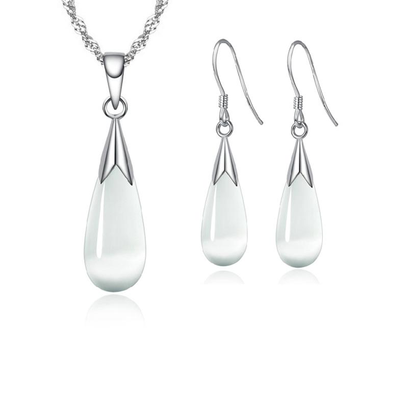Reines Schmuckset Schlicht 925 Sterlingsilber Farbe Weiß Rosa Wassertropfen Opal Katzenaugenstein Anhänger Halskette/Hakenohrringe/Kette white