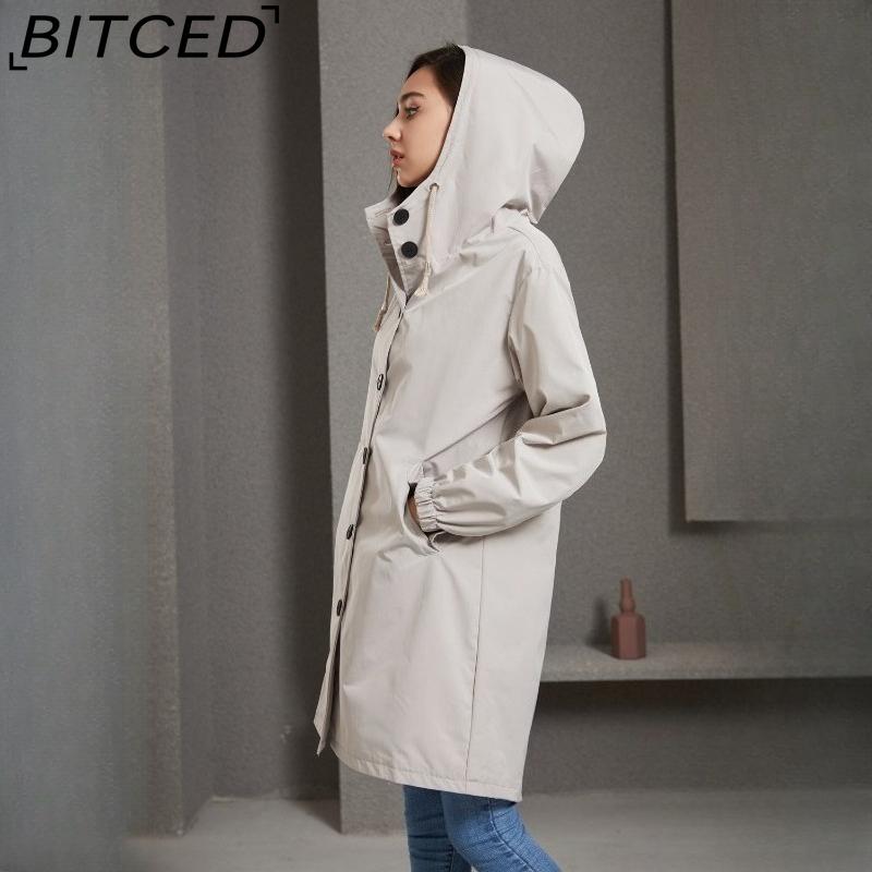 BITCED Autumn/Winter Water-Repellent Hooded Trench Coat Women's Casual Long Coat Loose Fit Plus Size Outdoor Rainwear