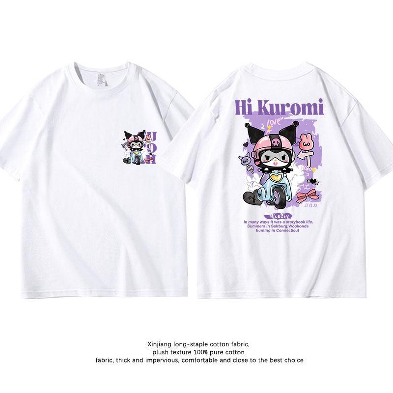 Summer New Sanrio Kuromi Pure Cotton Childrens Tshirt White Doublesided Printed Fashionable Round Neck Parentchild Tshirt