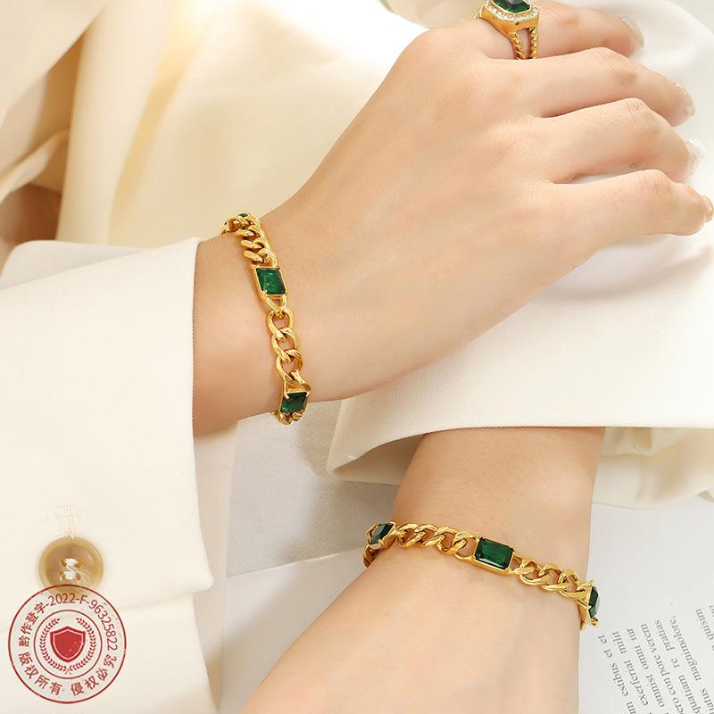 Custom Cuban Thick Chain Necklace & Bracelet Set with Green Glass Stones - Colorfast Jewelry