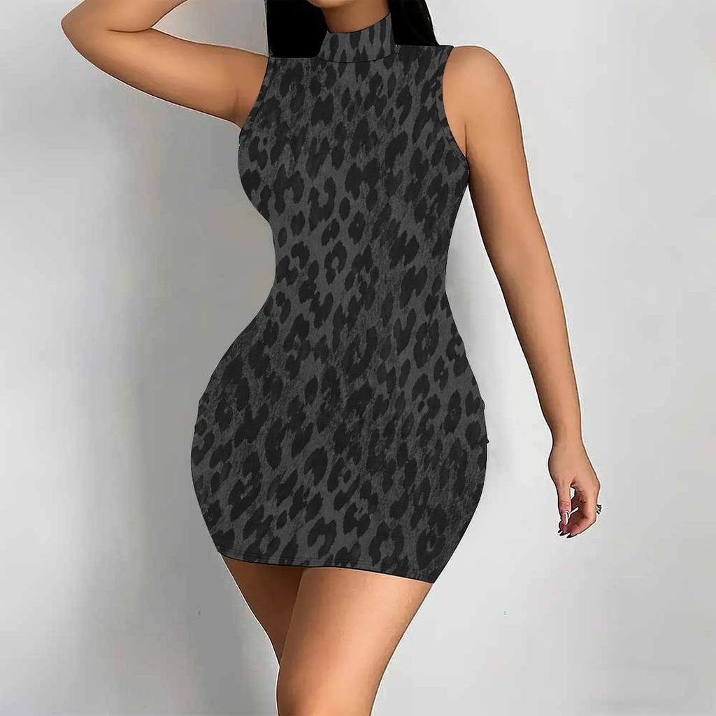 Women Plus Size High Neck Sleeveless Black Floral Printed Bodycon Mini Dress
