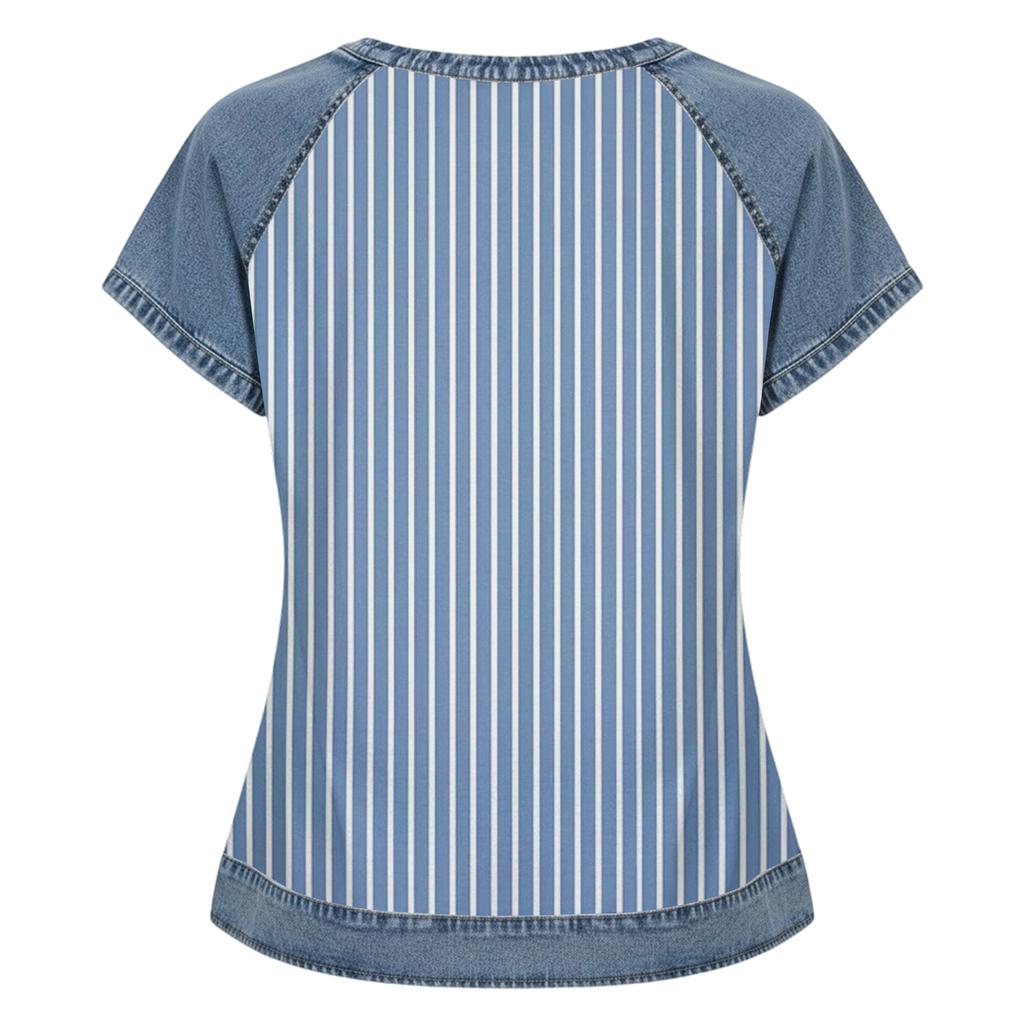 Top da Donna Casual a Manica Corta Patchwork Stampato Girocollo Vestibilità Larga T-shirt Blusa con Cuciture Stile Denim per Uso Quotidiano