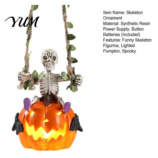 Spooky Haunted House Prop Swing Skeleton with Lighted Pumpkin, Light-up Ornament, Halloween Garden Tree Decor Hanging Statue for Indoor Front