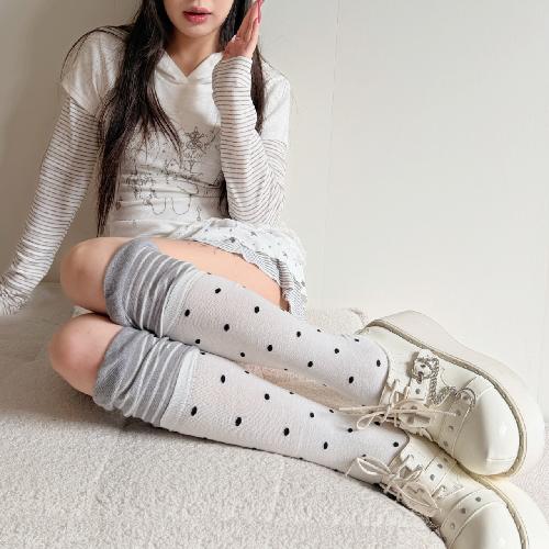 Early autumn ancient taste sub-cute mint green stitching contrast stripes polka dots Korean light Asian style cotton calf socks