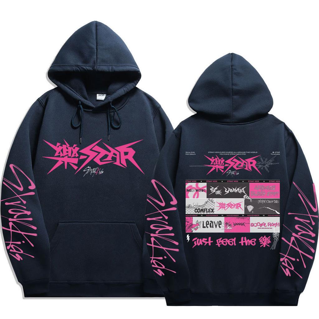 Stray Kids Pullover Hoodie Front Pink Punk Logo Vintage Punk Graphic Song Titles Just Feel Drawstring Hood Oversized Unisex K‑Pop Streetwear Fan Merch