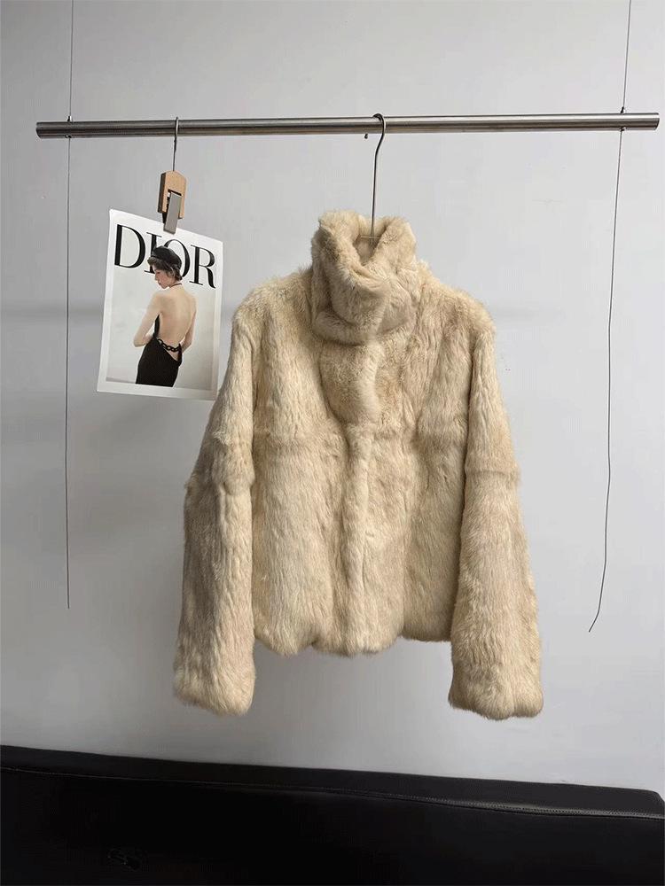 Women's Fashionable Two-Tone Real Rabbit Fur Collar Coat - 2025 Casual Short Style
