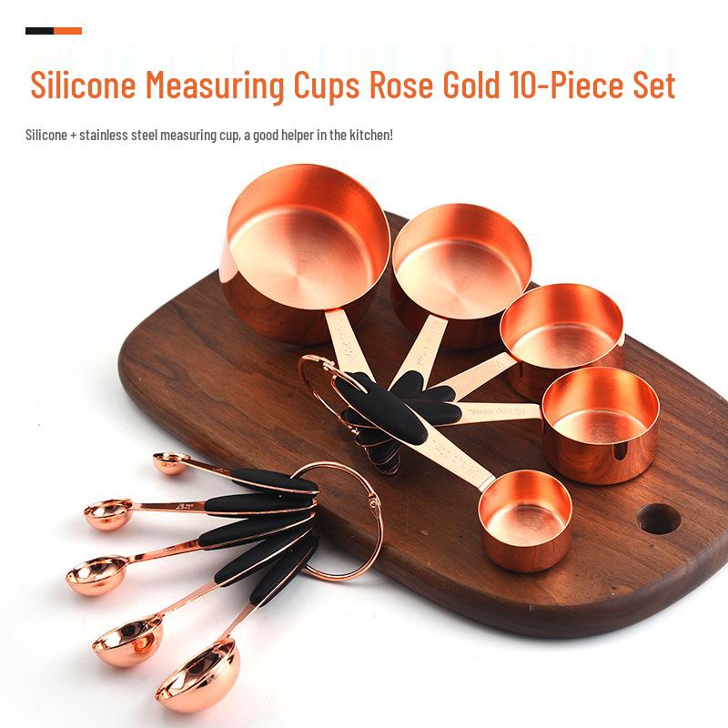 Rose Gold Measuring Set: Stainless Steel 10-Piece Spoons, 16-Piece Spoons, Silicone 5-Piece Set, and Measuring Cups In Stock.