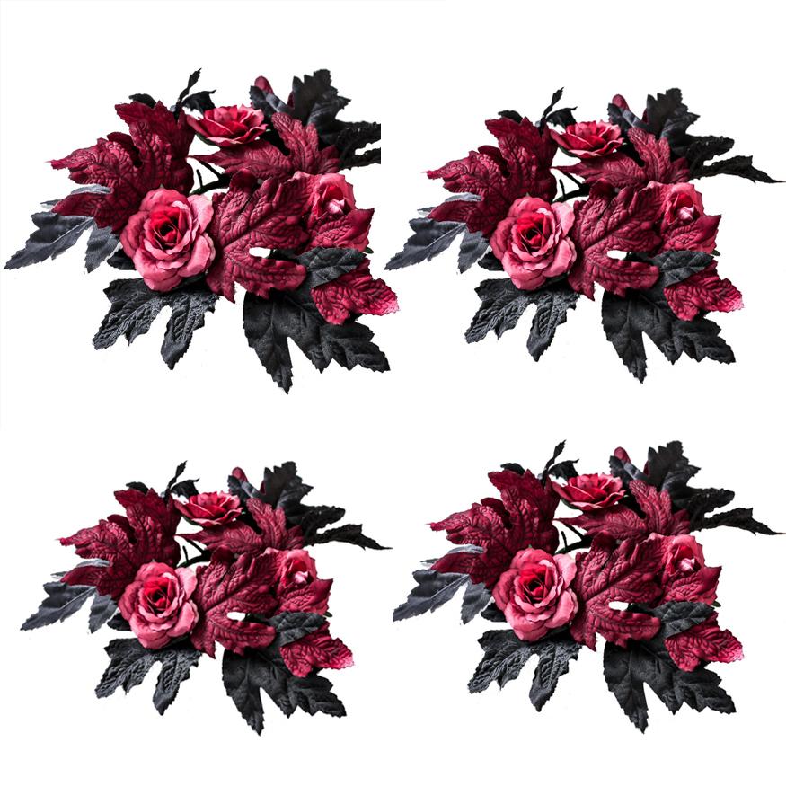 Halloween Artificial Rose Flowers Red&Black Silk Fake Maple Leaves Candlestick Wreath for Home Party Dining Table Candle Holders