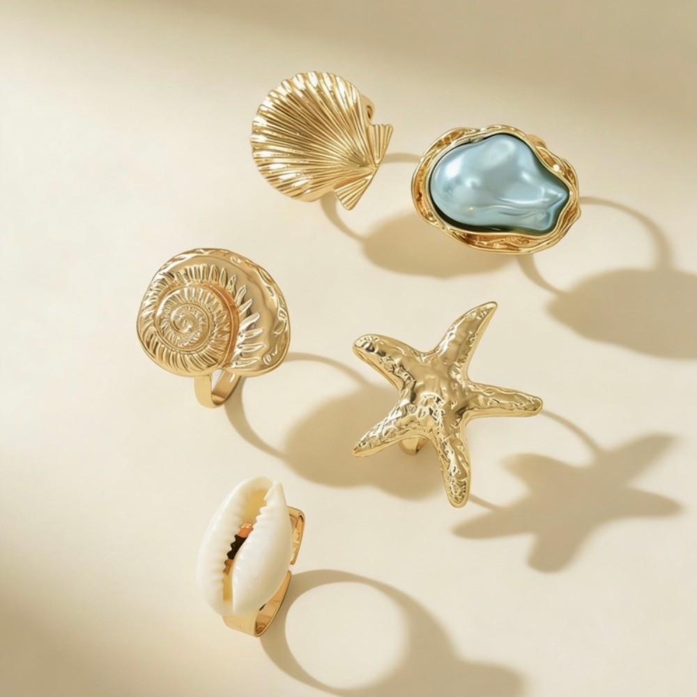 3/5 Stück Muschel Seestern Offener Ring Set Metall Geometrische Ringe Vintage Finger Offene Ringe Damen