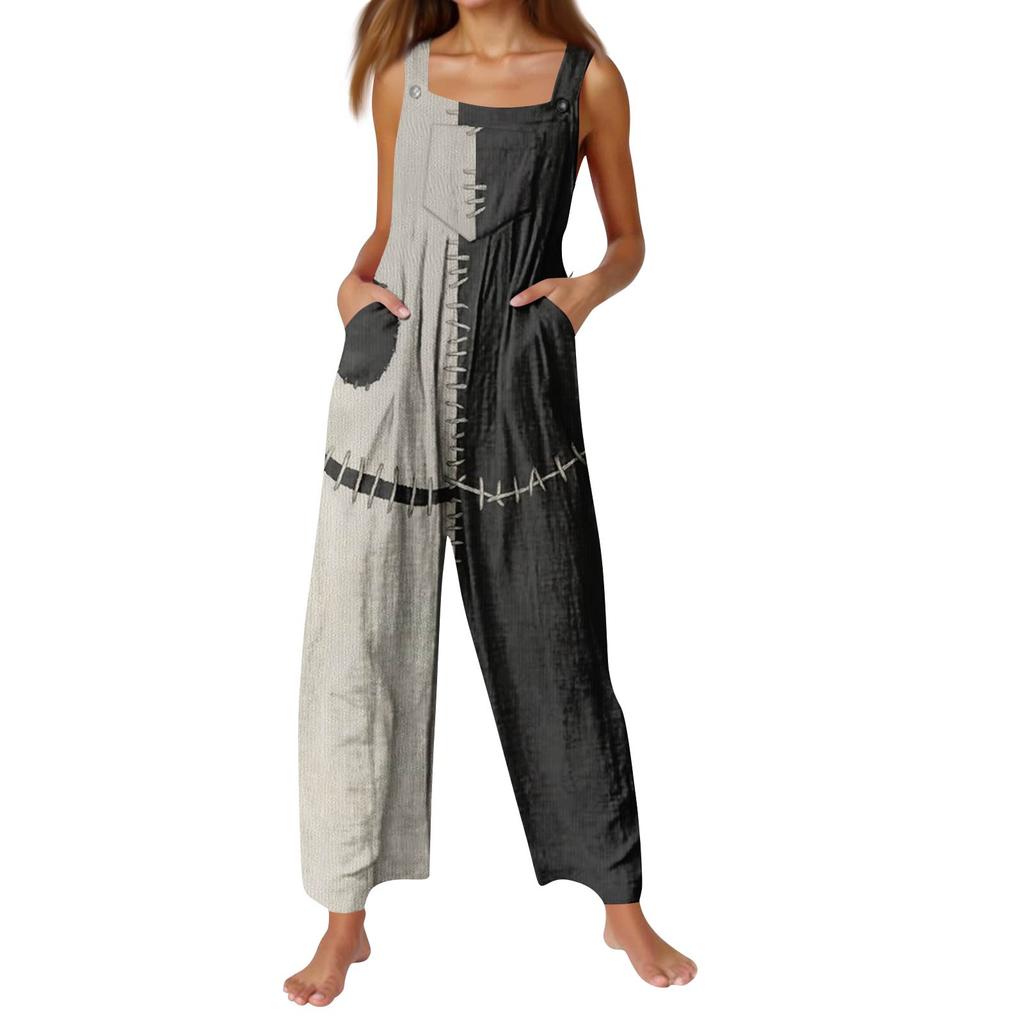 Women's Fashion Halloween Print Casual Vintage Sleeveless Button Jumpsuit