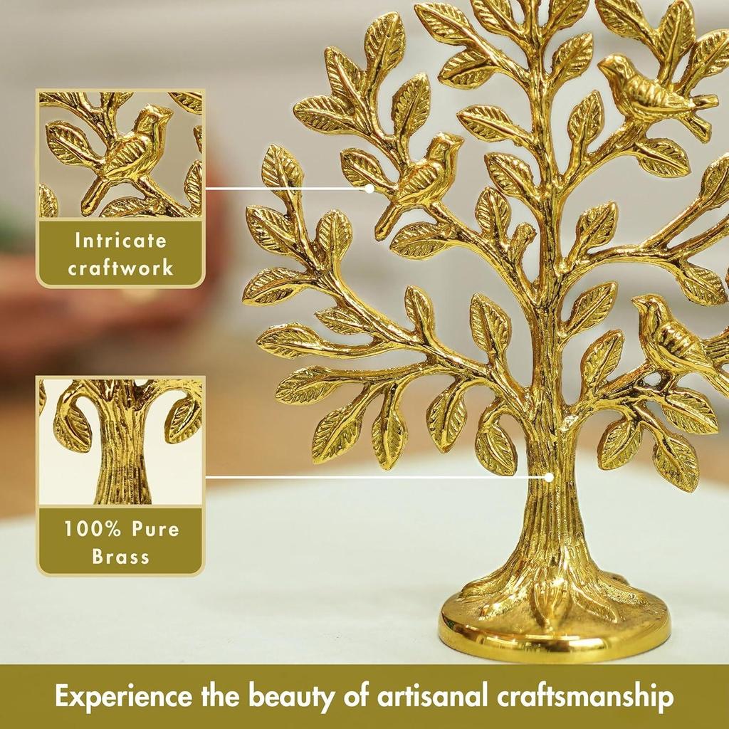 100% Pure Brass Kalpvriksh Tree with Birds | Kalpavriksha Tree of Life Showpiece for Table Decor (5.9 Inch) | Home & Puja Temple