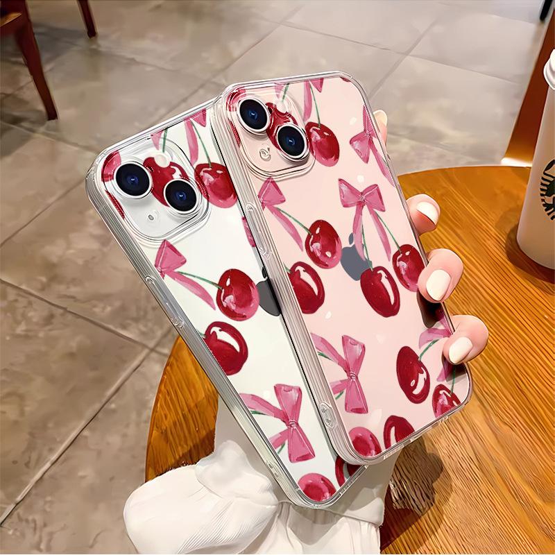 Simple cherry bow mobile phone case is suitable for iPhone16/15pro light and thin Apple 17 transparent soft case 14pm.