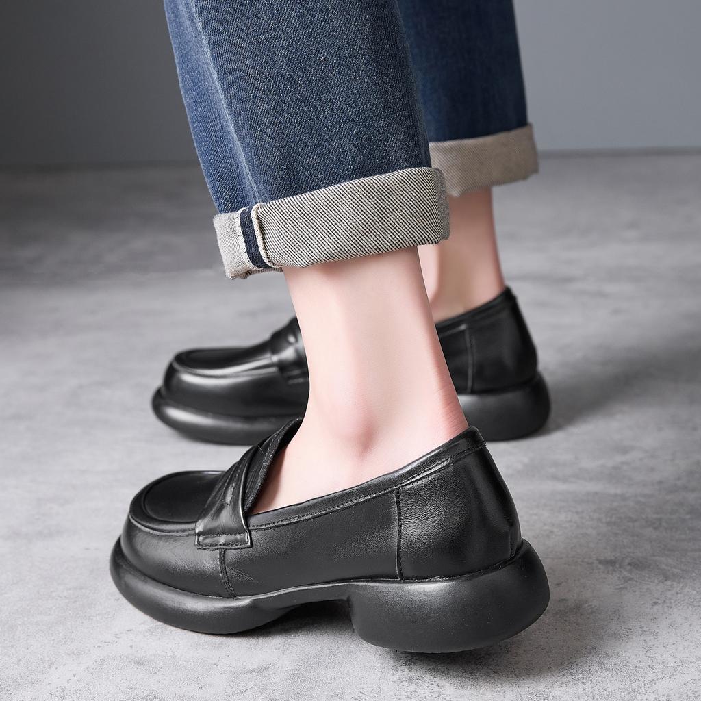 Spring new thick heel casual leather shoes women's soft surface rubber sole one pedal versatile small leather shoes women