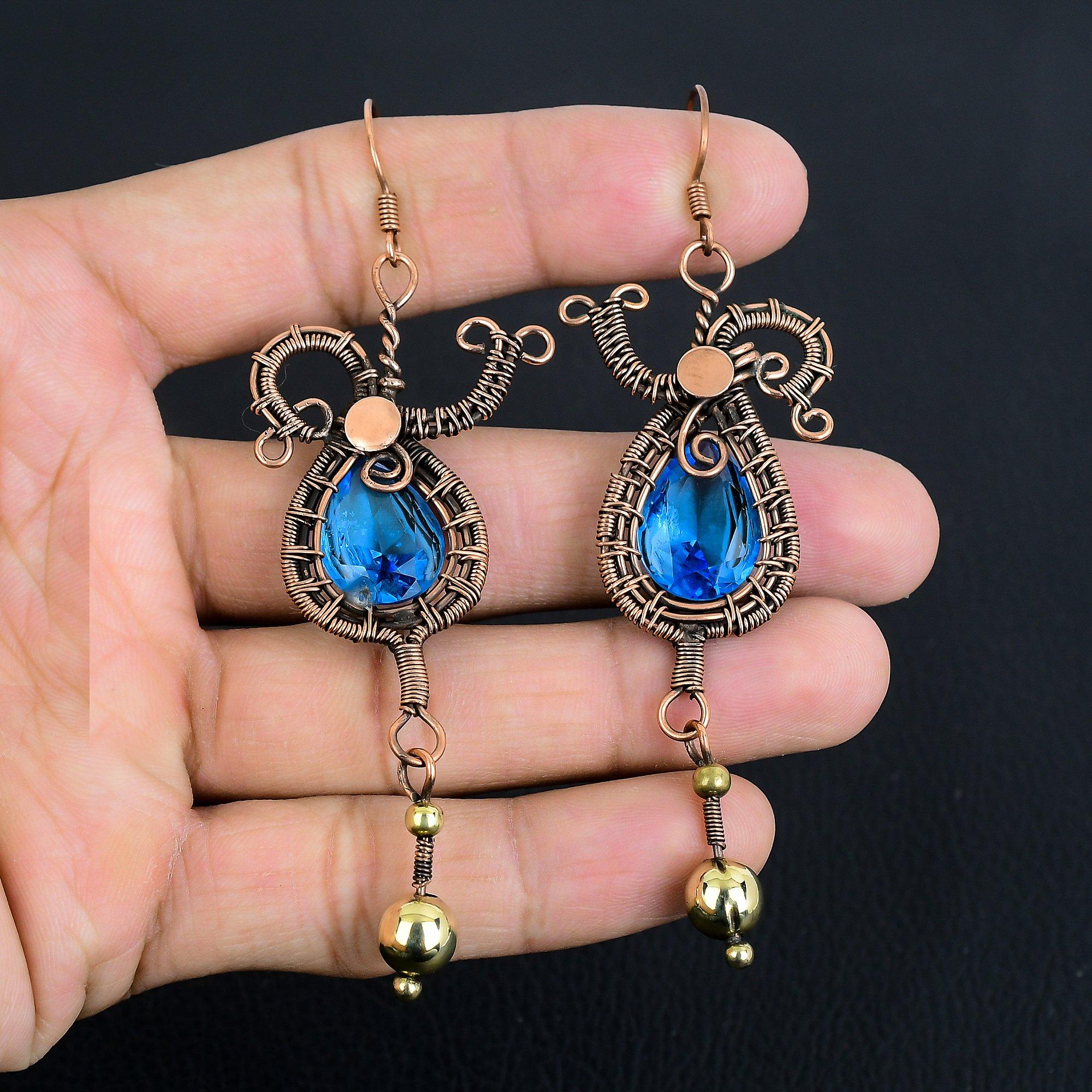 

Серьги с голубым топазом, Ювелирные изделия из драгоценных камней, обернутые медной проволокой 999 пробы, Серьги ручной работы, На День благодарения 3.55 Inches