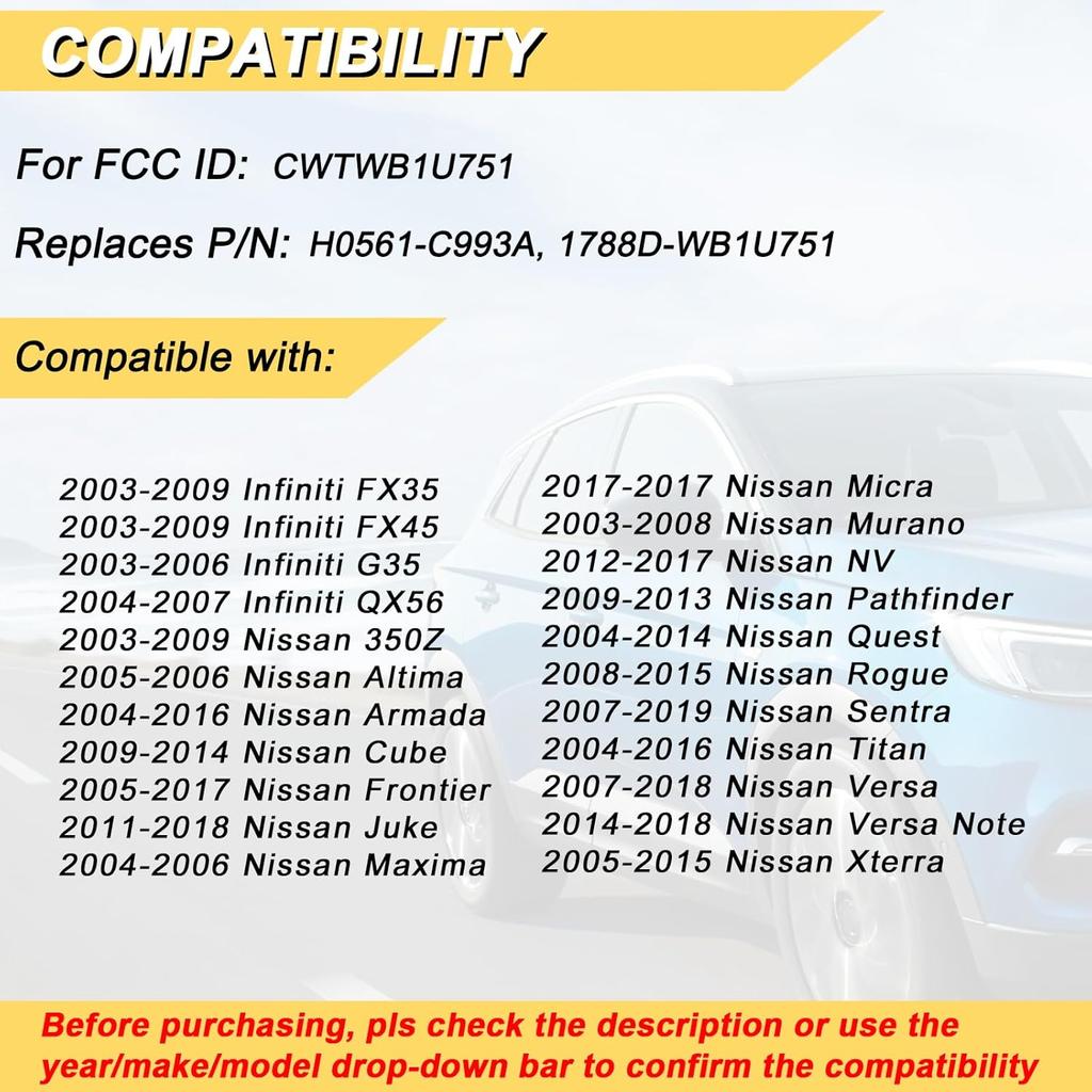 Key Fob Replacement For Nissan Altima Titan Cube Frontier Quest Rogue Sentra Versa Xterra Infiniti FX35 FX45 Car Keyless Entry Remote Control,