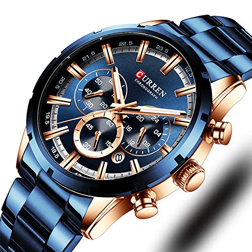 Karen Men's Watch 3 Sub-Dial Analog Steel Business Quartz Clock Blue 8355