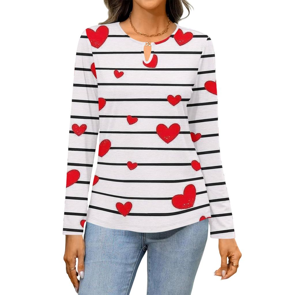 Damen Casual Rundhals Aushöhlung Langarm Valentinstag Herz-Print T-Shirt Top