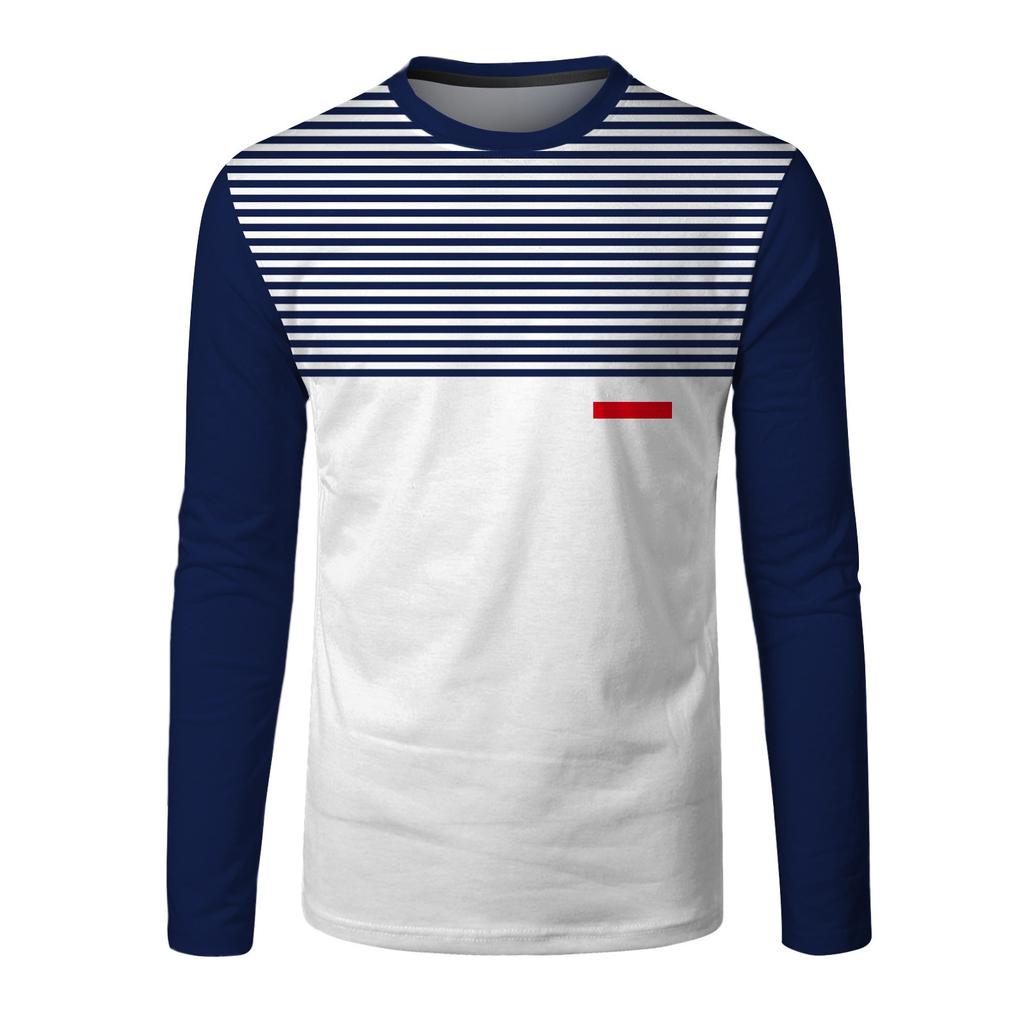 Men's Fashion Casual Stripe Printed Long Sleeve O-Neck Shirts Tops Blouse