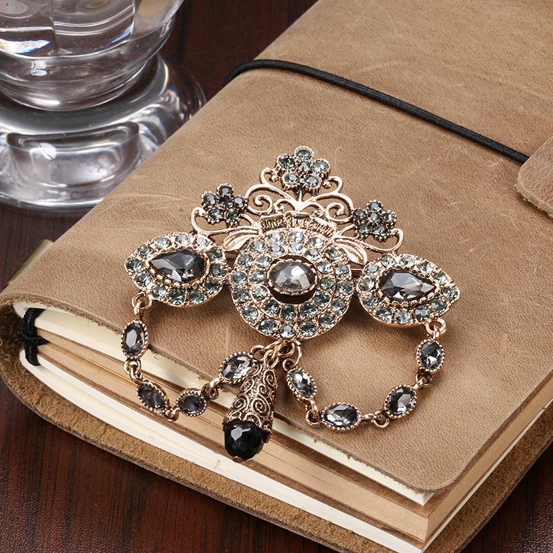 Fashion Boho Crown Brooch For Women Antique Gold Color Full Gray Crystal Moroccan Wedding Jewelry African Bridal Bijoux